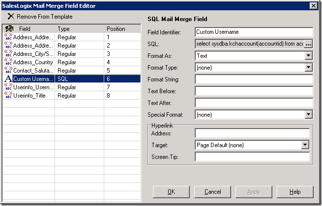SQL Mail Merge field