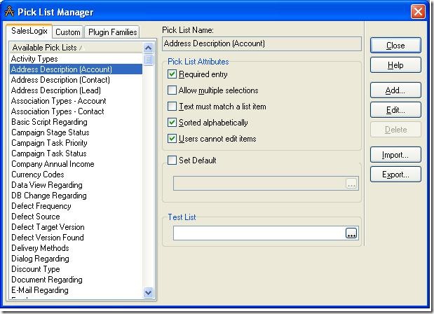 Managing SalesLogix LAN picklists