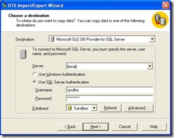 SQL Import Wizard Data Destination