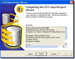 SQL Import Wizard Final Screen