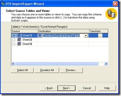 SQL Import Wizard Table Selection with Destination