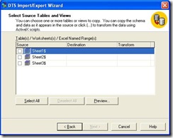 SQL Import Wizard Table Selection